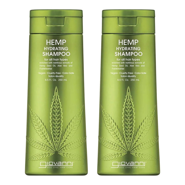 Two bottles of Giovanni Natural Hemp Seed Oil Shampoo with Aloe Vera (8.5oz, 2 Pack) are displayed side by side. These salon-quality shampoos are suitable for all hair types and feature a green hemp leaf design.